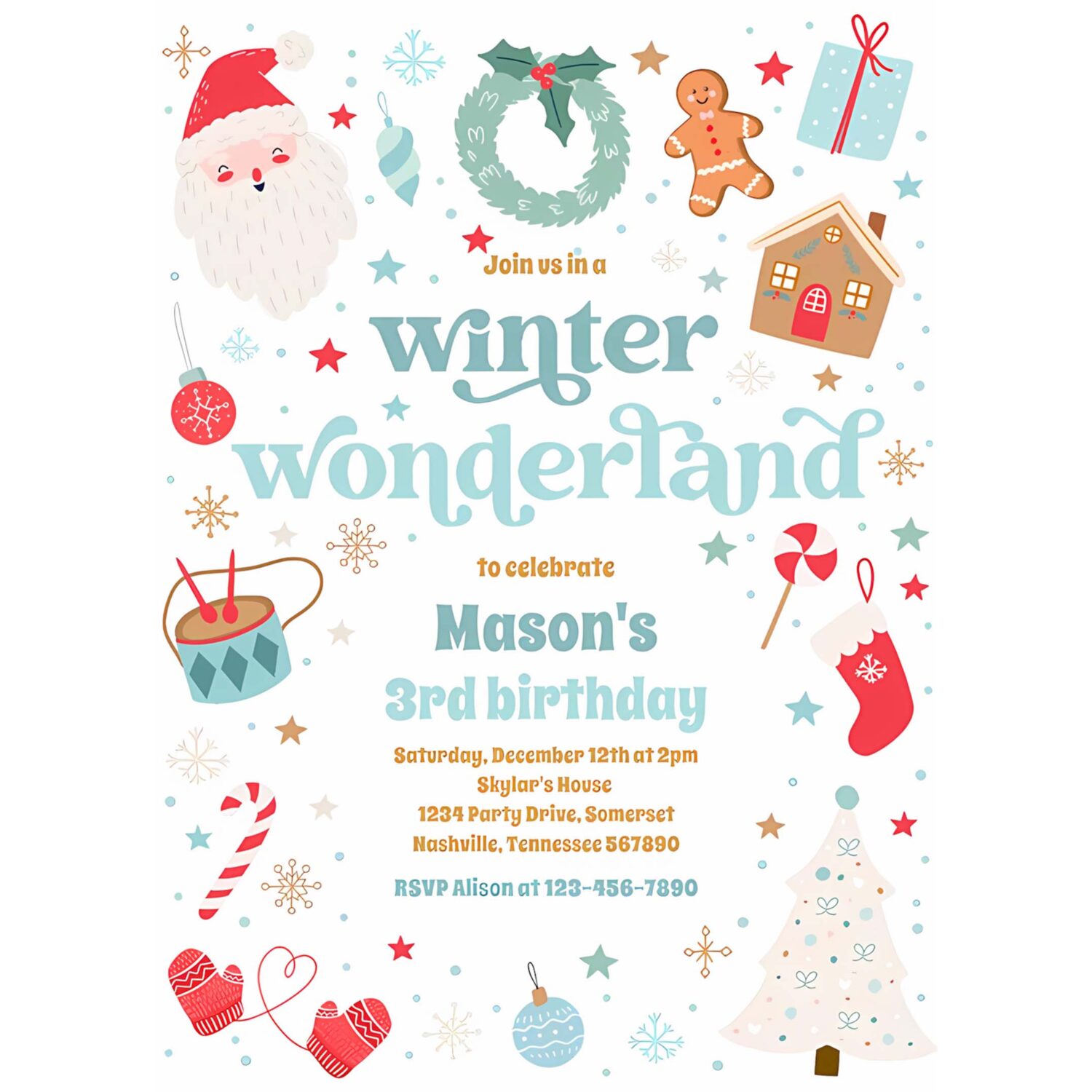 Winter wonderland blue christmas birthday party invitation j35c 4