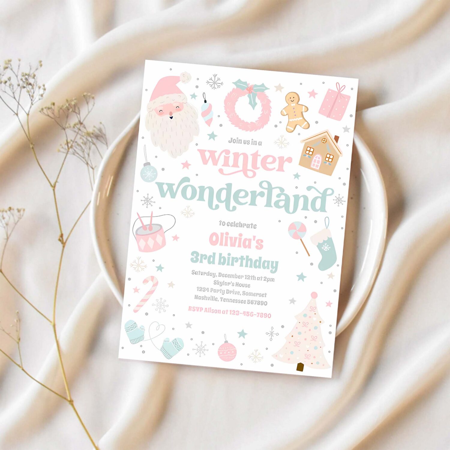 Winter wonderland pink christmas birthday party invitation d92e 1