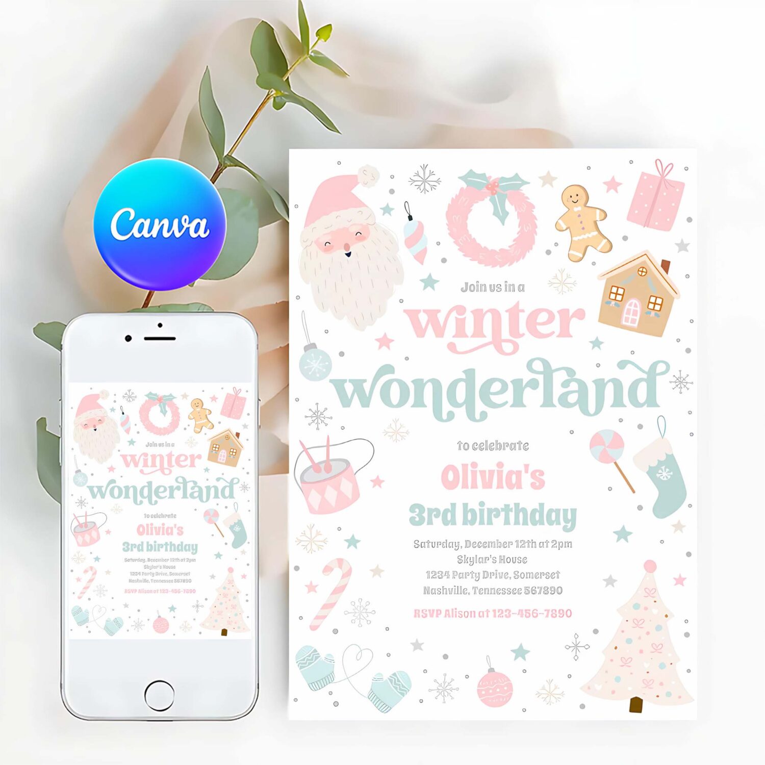 Winter wonderland pink christmas birthday party invitation d92e