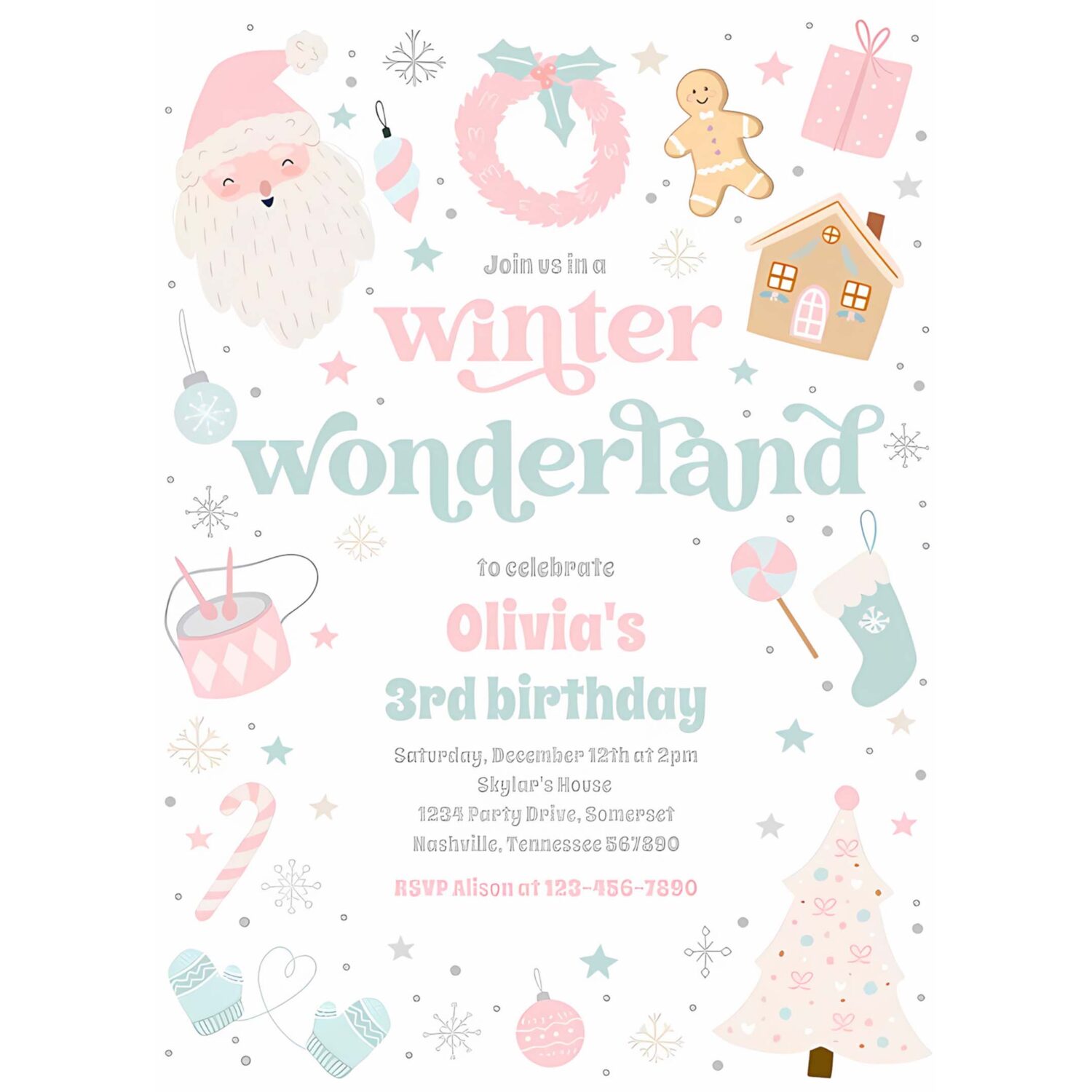Winter wonderland pink christmas birthday party invitation d92e 4