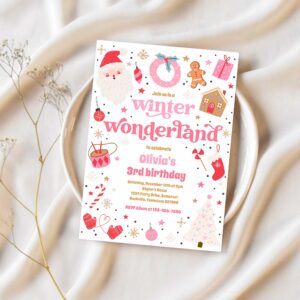 Winter wonderland pink christmas birthday party invitation g86j 1