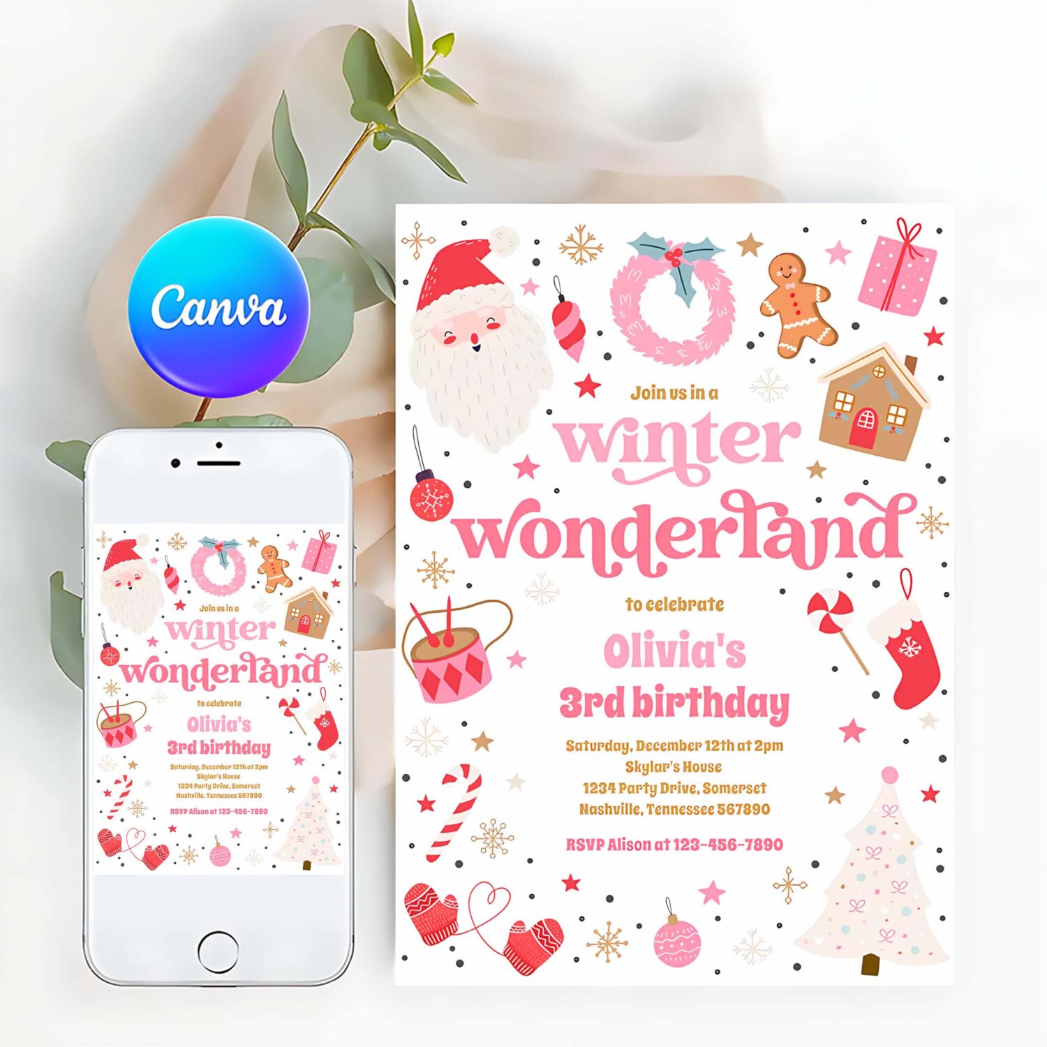 Winter wonderland pink christmas birthday party invitation g86j