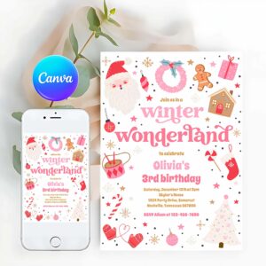 Winter Invitation, Winter Wonderland Pink Christmas Birthday Party Invitation