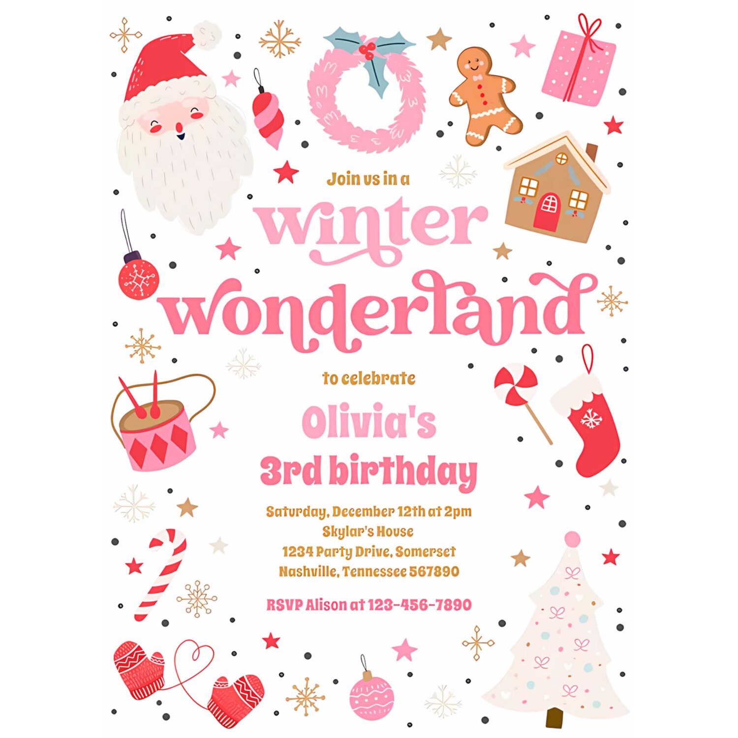 Winter wonderland pink christmas birthday party invitation g86j 4