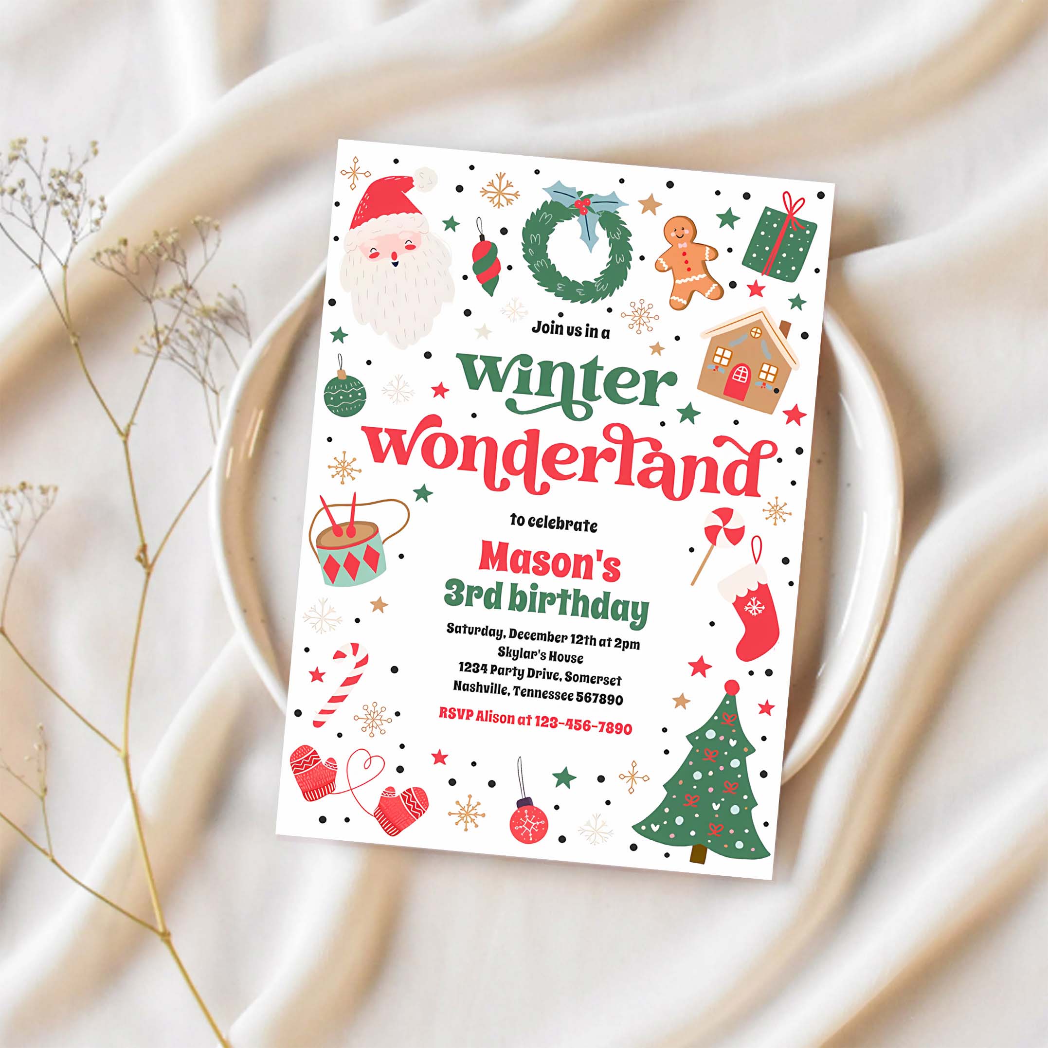 Winter Wonderland Red Christmas Birthday Party Invitation G68C