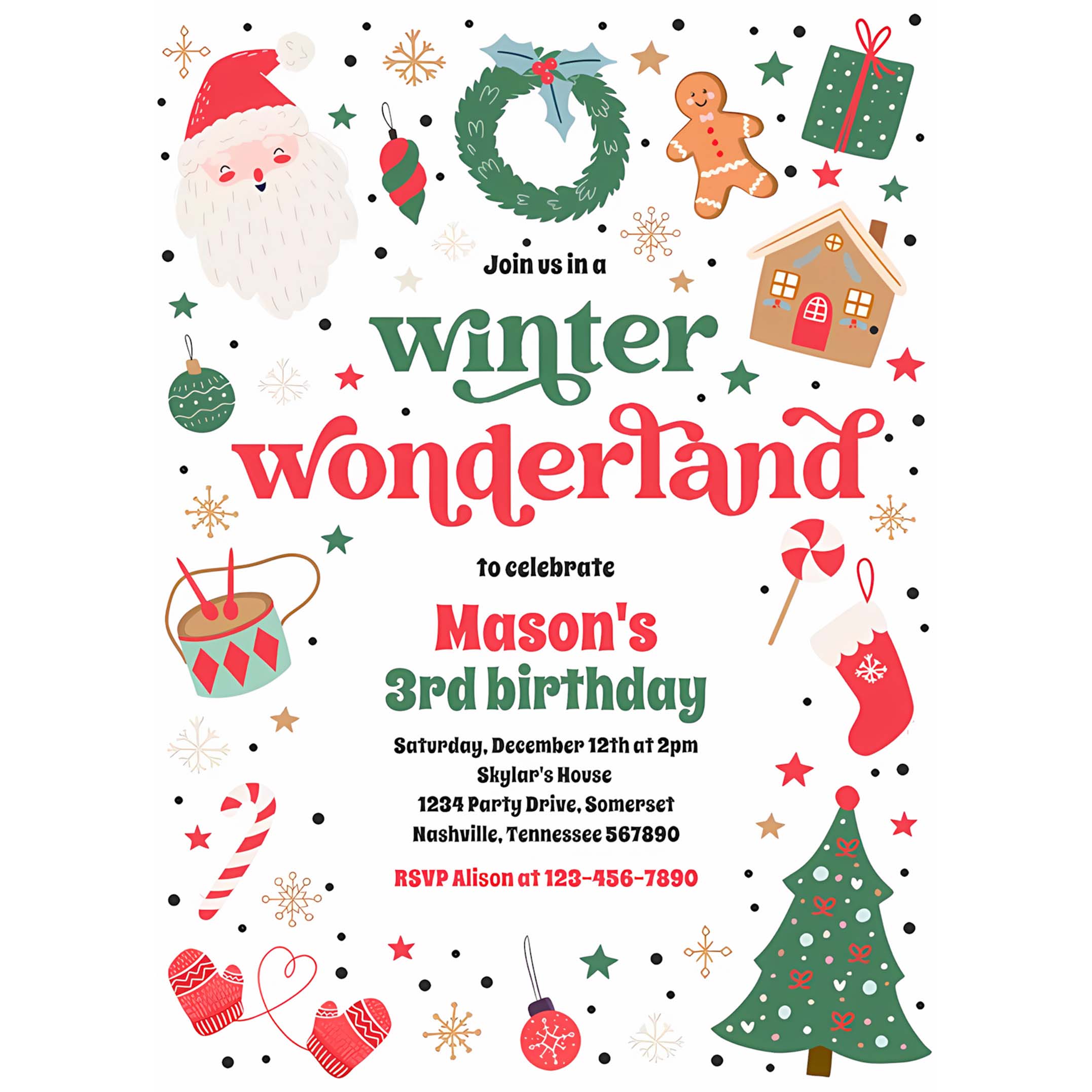Winter Wonderland Red Christmas Birthday Party Invitation G68C