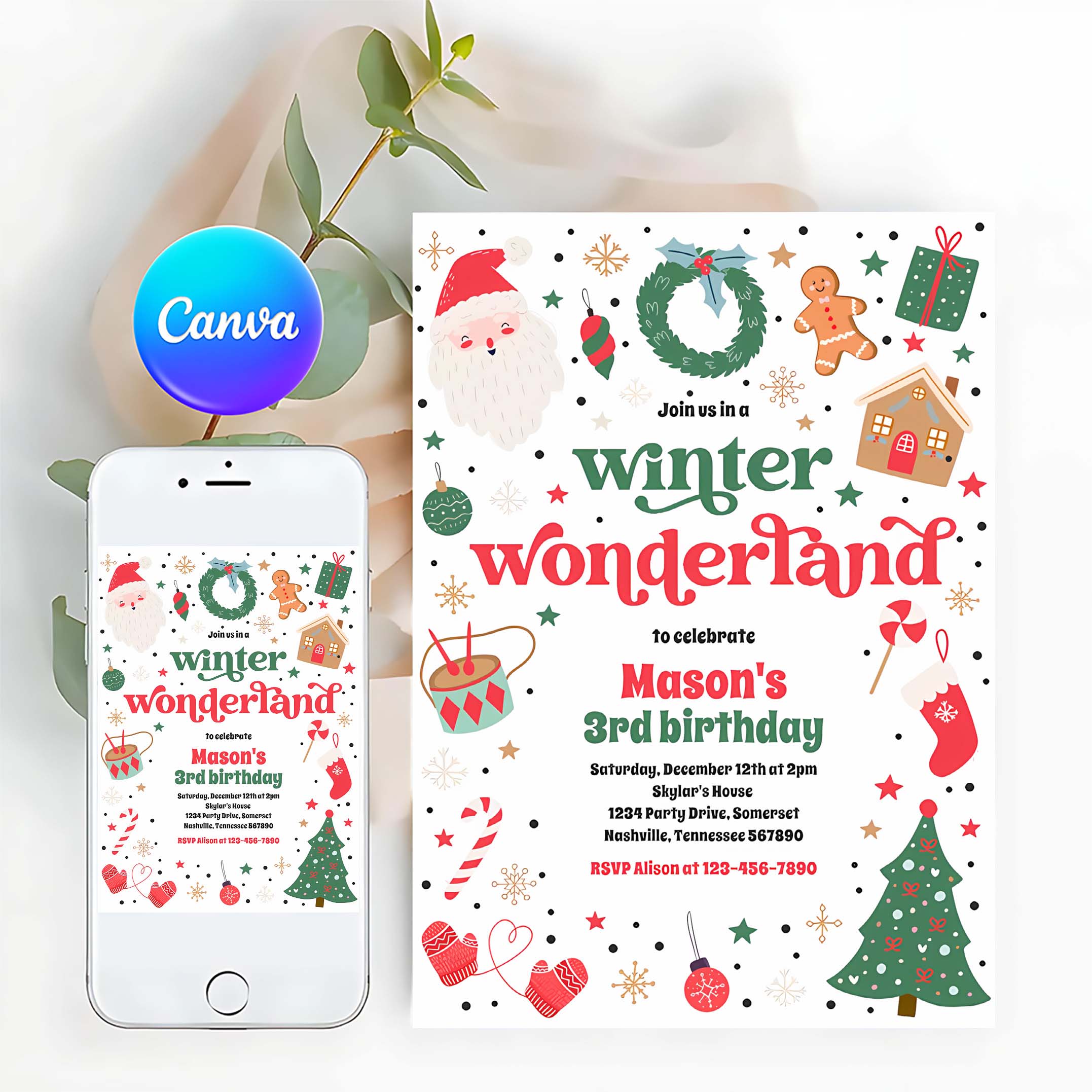 Winter Wonderland Red Christmas Birthday Party Invitation G68C