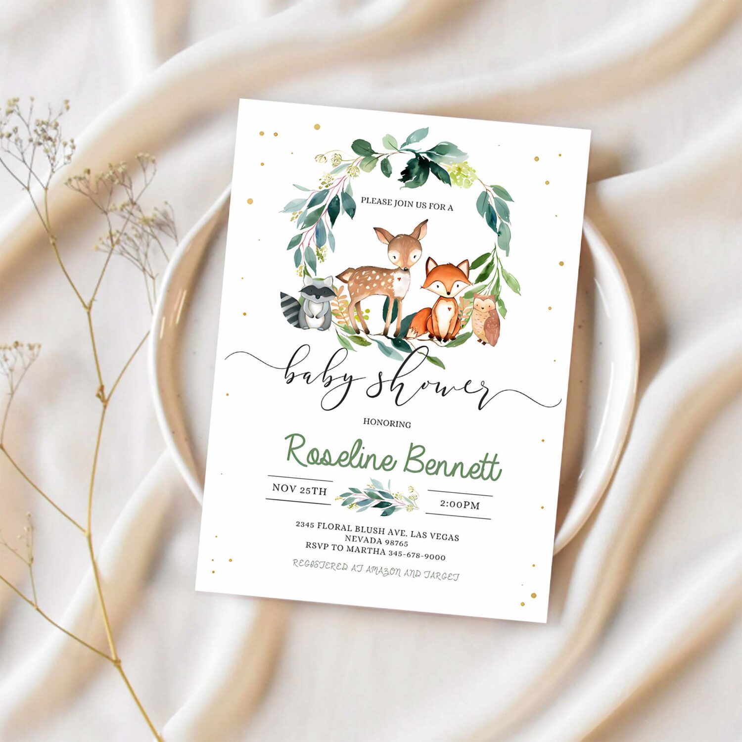 Woodland baby shower invitation editable gender neutral woodland animals invitations digital woodland theme invites 1
