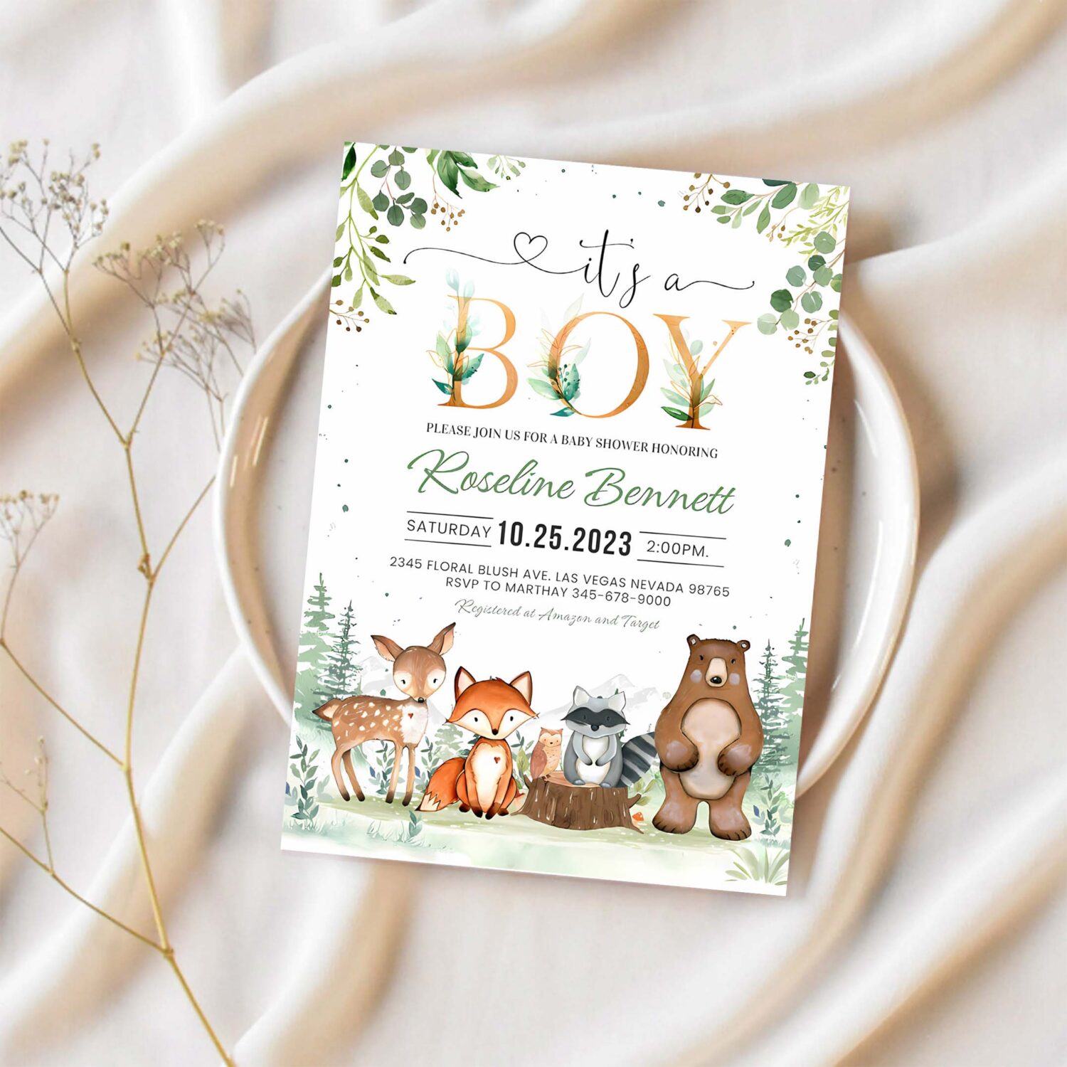 Woodland baby shower invitation gender neutral woodland animals invitations its a boy woodland 1