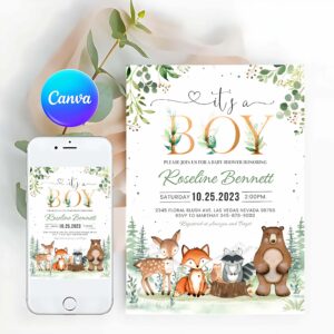 Woodland Invitation, Woodland Baby Shower Invitation, Gender Neutral Woodland Animals Invitations, Its A Boy Woodland