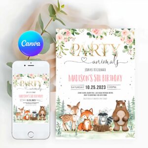 Woodland Invitation, Woodland Birthday Invitation, Girl Woodland Party animals Invitation,Woodland Creatures Theme