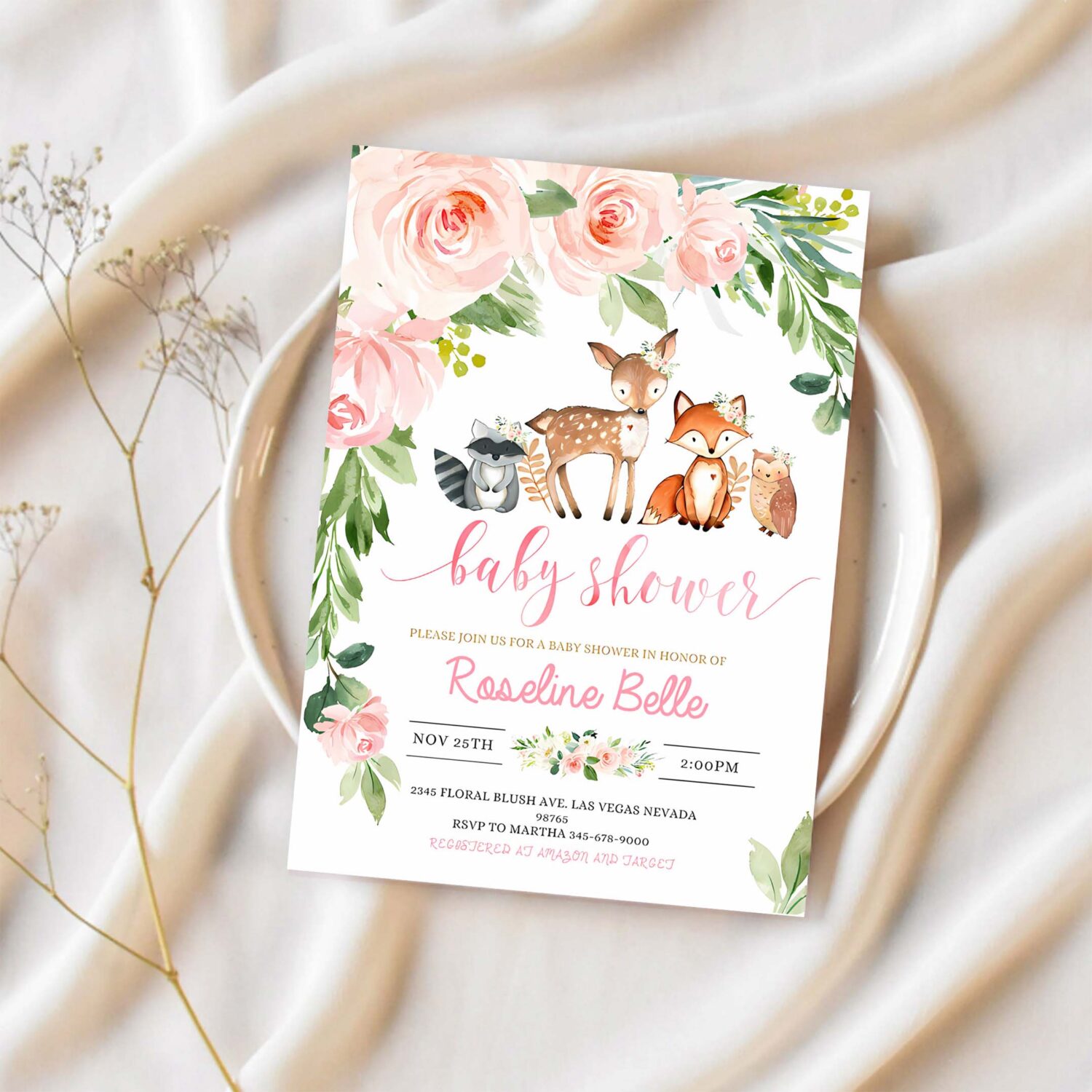 Woodland girl baby shower invitation editable invite forest woodland animals invitations digital woodland theme invites 1