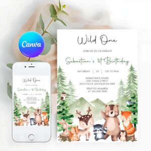 Woodland Invitation, Woodland Wild One Birthday Invitation, Woodland Forest Animals Birthday Invitation, Woodland Birthday Invitation