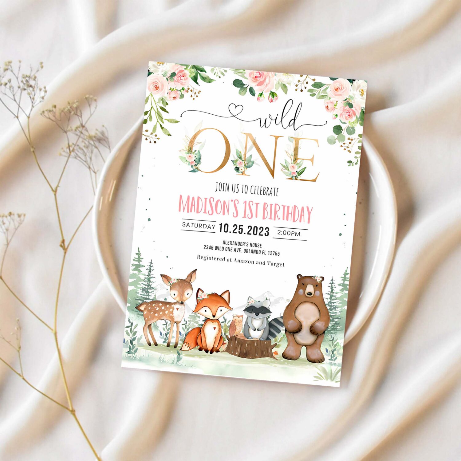 Woodland birthday invitation girl woodland first birthday invitation wild one woodland creatures 1