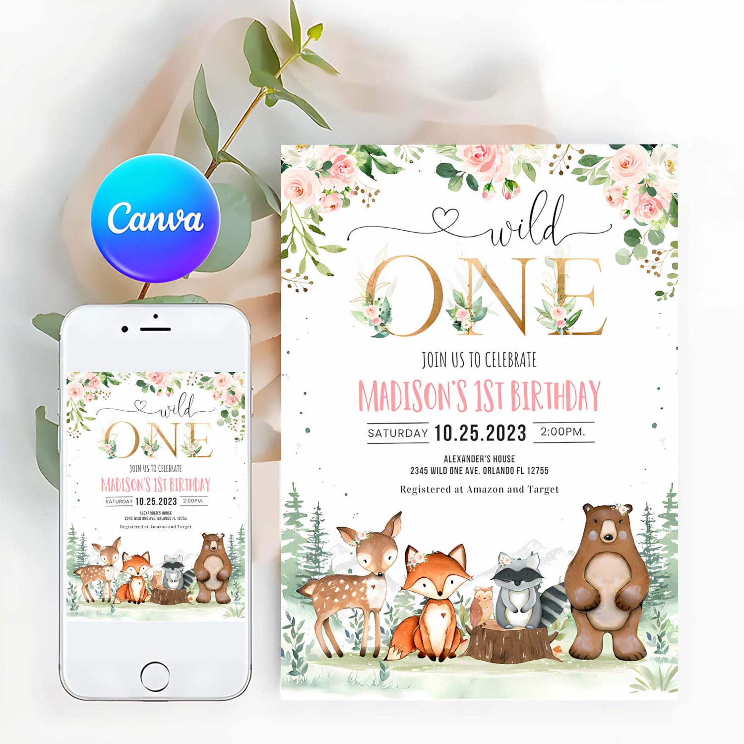 Woodland birthday invitation girl woodland first birthday invitation wild one woodland creatures