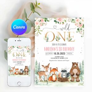 Woodland Invitation, Woodland birthday Invitation, Girl Woodland first birthday Invitation, Wild One Woodland Creatures