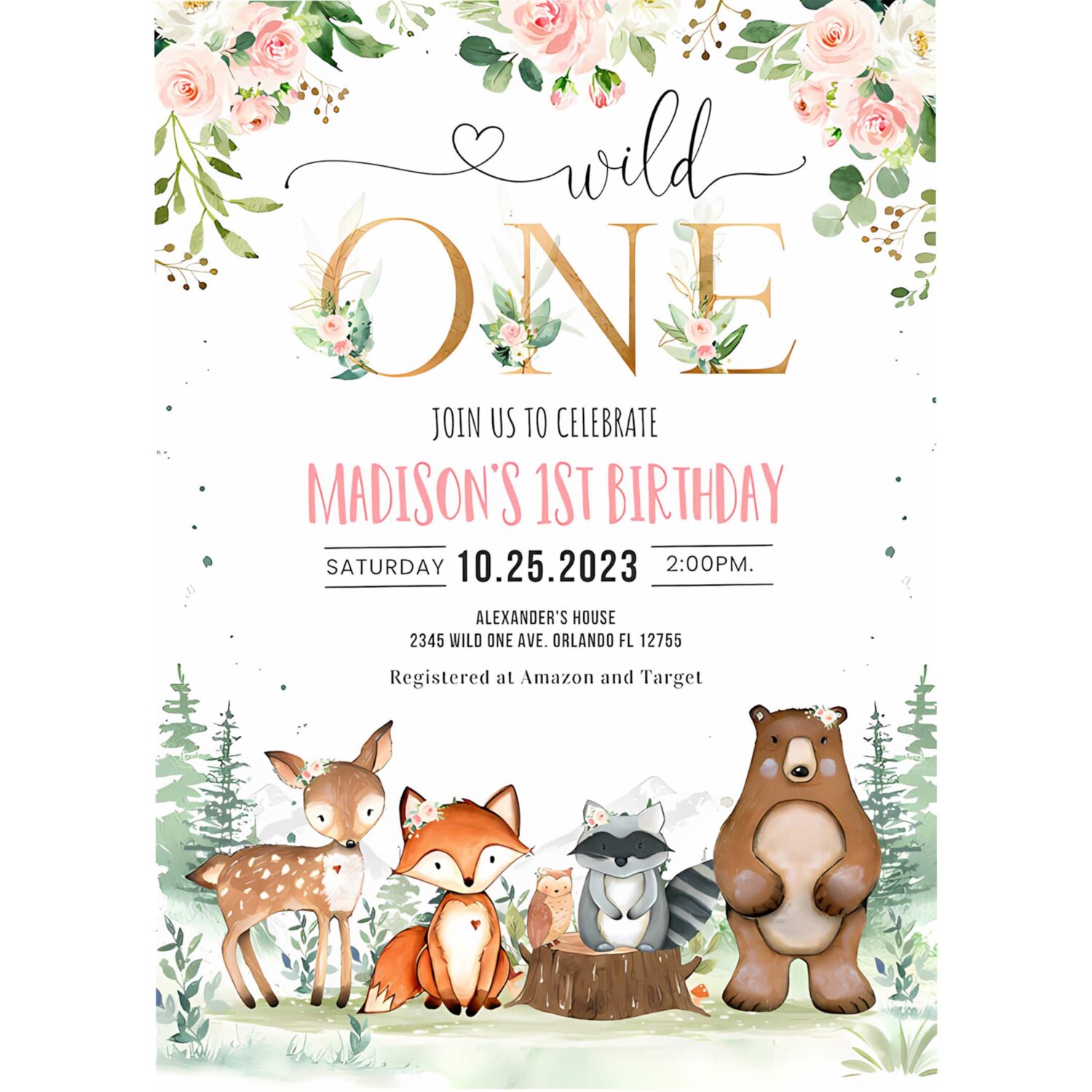 Woodland birthday invitation girl woodland first birthday invitation wild one woodland creatures 4