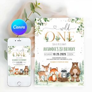 Woodland Invitation, Woodland birthday Invitation, Woodland first birthday Invitation, Wild One Woodland Creatures Theme