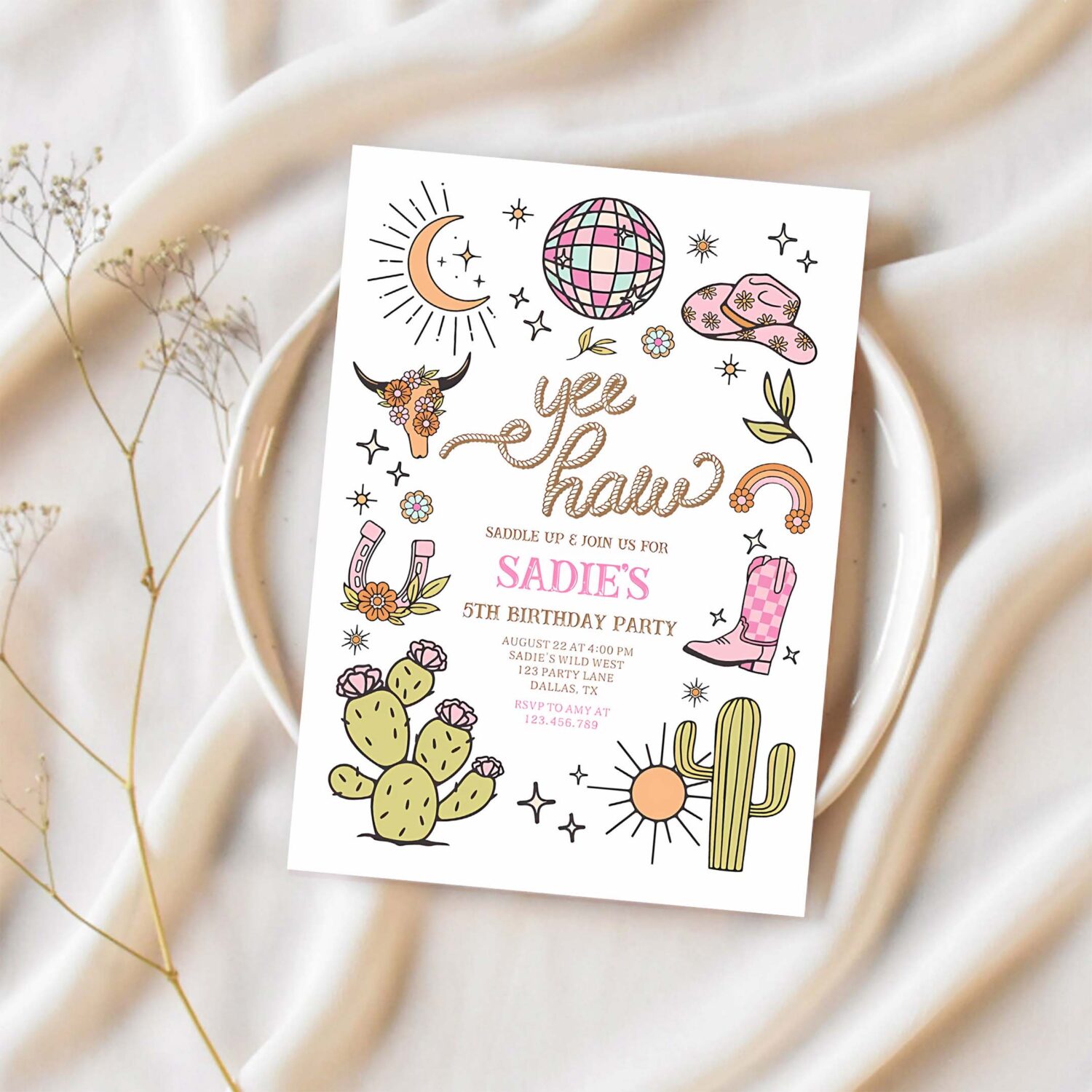 Yee haw girl rodeo retro disco cowgirl birthday invitation o60g 1