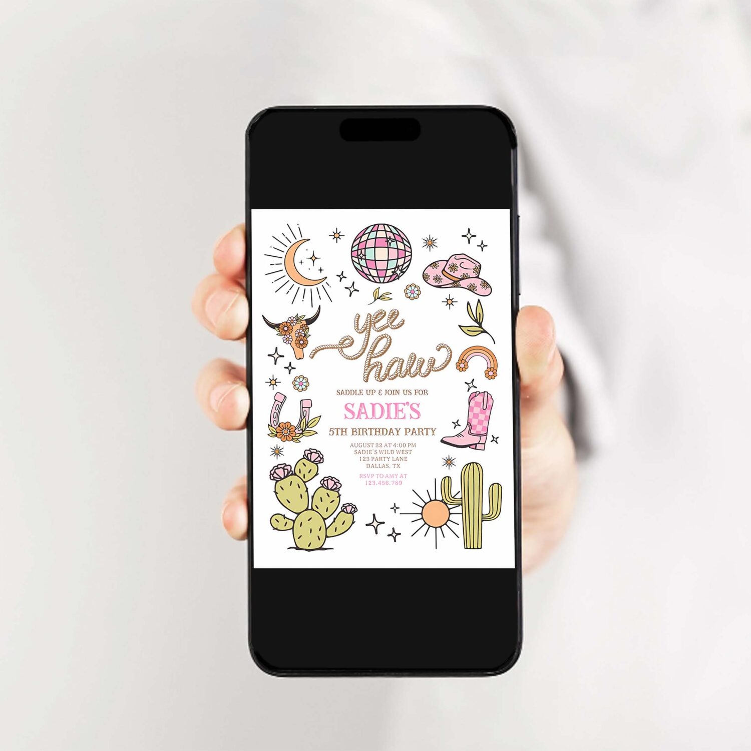 Yee haw girl rodeo retro disco cowgirl birthday invitation o60g 2