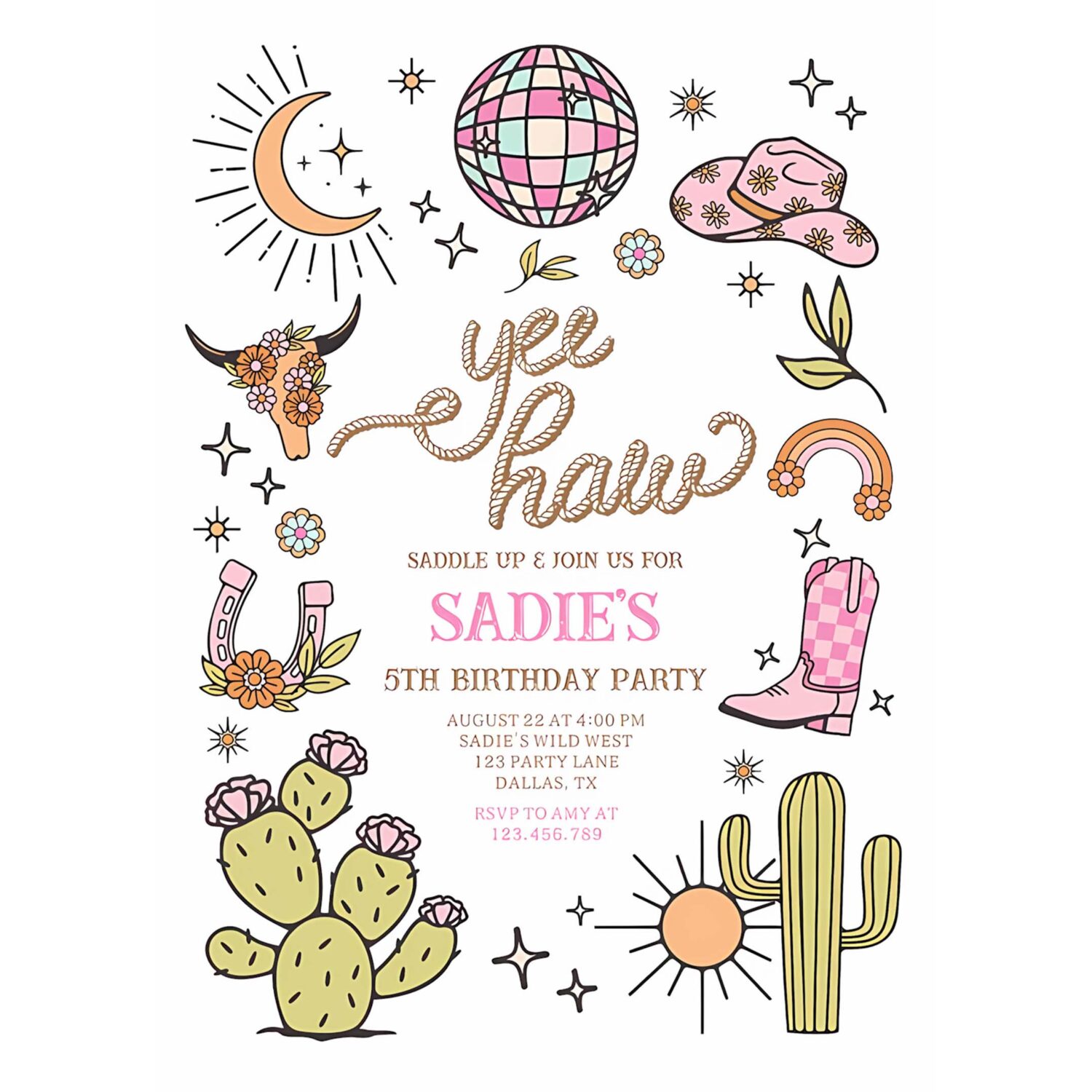 Yee haw girl rodeo retro disco cowgirl birthday invitation o60g 4
