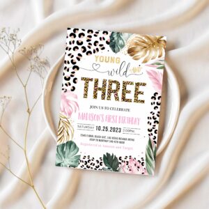Young wild and three leopard print jungle birthday party invitation leopard print wild and three birthday party 1