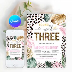 Young Wild And Three Invitation, Young Wild And Three Leopard Print Jungle Birthday Party Invitation Leopard Print Wild And Three Birthday Party