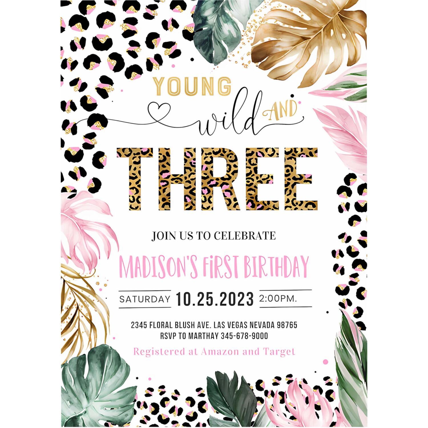 Young wild and three leopard print jungle birthday party invitation leopard print wild and three birthday party 4